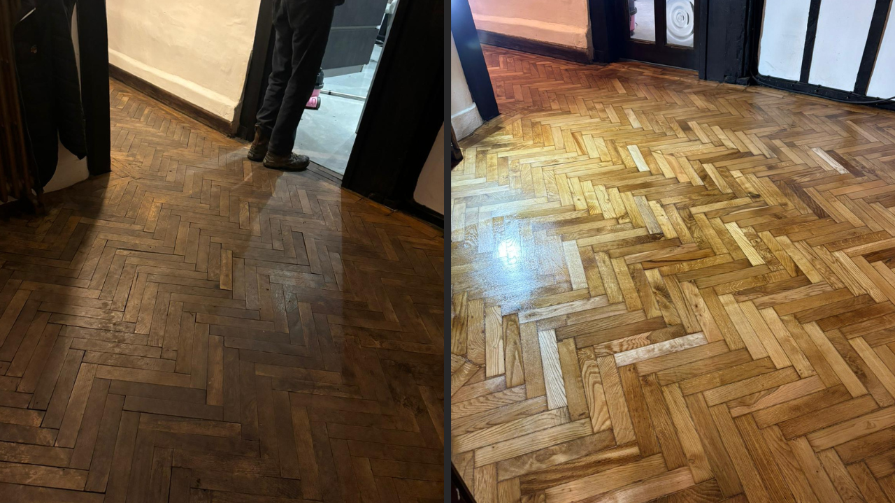 Before-and-after comparison of a herringbone oak parquet floor showing a dramatic transformation through wood floor sanding.
