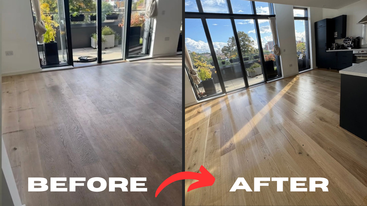 Before-and-after of an engineered oak plank floor in West Brompton, showing dull, squeaky boards repaired and refinished to a smooth, quiet finish – Squeaky Repairs Revealed.