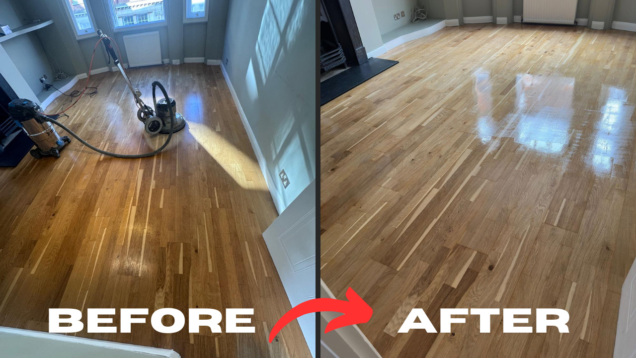 Before-and-after of an engineered oak strip parquet floor in West Brompton, showing sanding and refinishing after creak fixes—Squeaky Repairs Revealed.