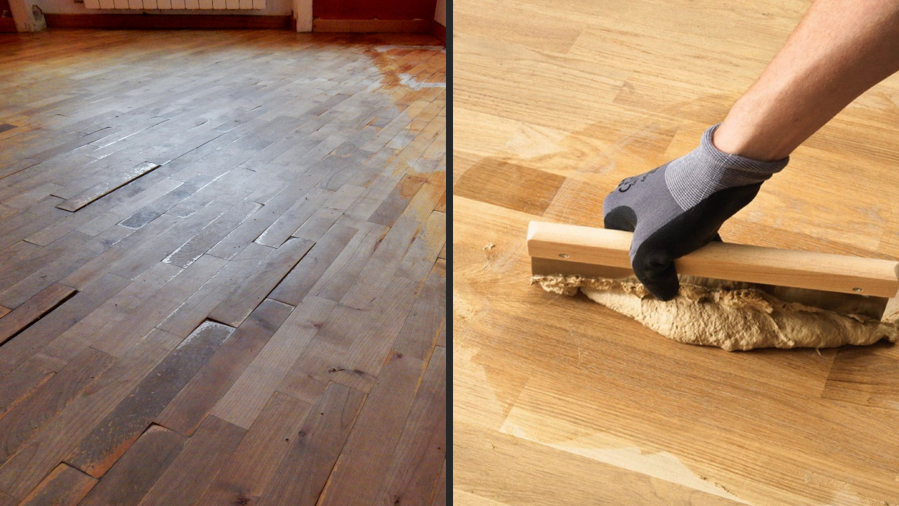 Before-and-during repair of an oak parquet wood block floor in West Brompton, with loose, lifted blocks re-bonded using subfloor adhesive—Squeaky Repairs Revealed.