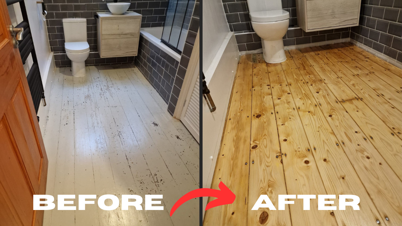 Before and after wood floor sanding in a West Brompton bathroom, showing painted pine floorboards transformed into natural sanded softwood boards.