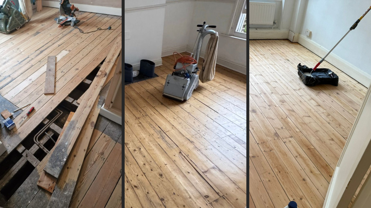 Three-stage Wood Floor Sanding in West Brompton on pine softwood floorboards, showing repair, sanding and finishing of a living room floor.