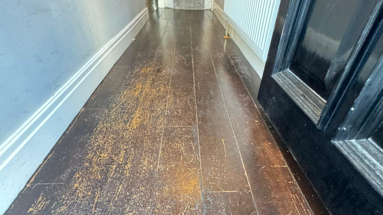 Hardwood Floor Sanding in West Brompton on a dark oak hardwood hallway floor, showing heavy scratches and worn patches before professional restoration.
