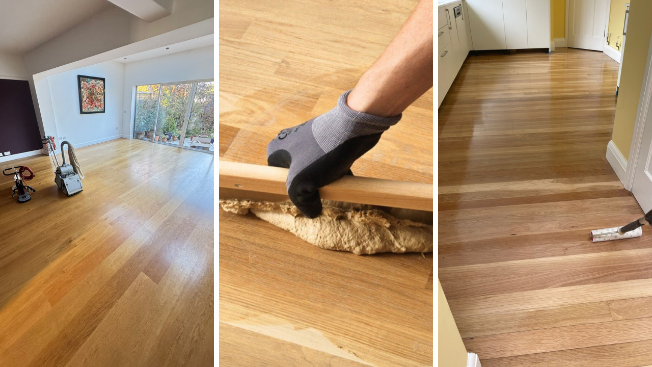 Hardwood Floor Sanding in West Brompton on an engineered oak plank floor, showing sanding machines in an open-plan living room, a close-up repair to a loose oak board and the same hardwood floor freshly refinished to a smooth, glossy finish.