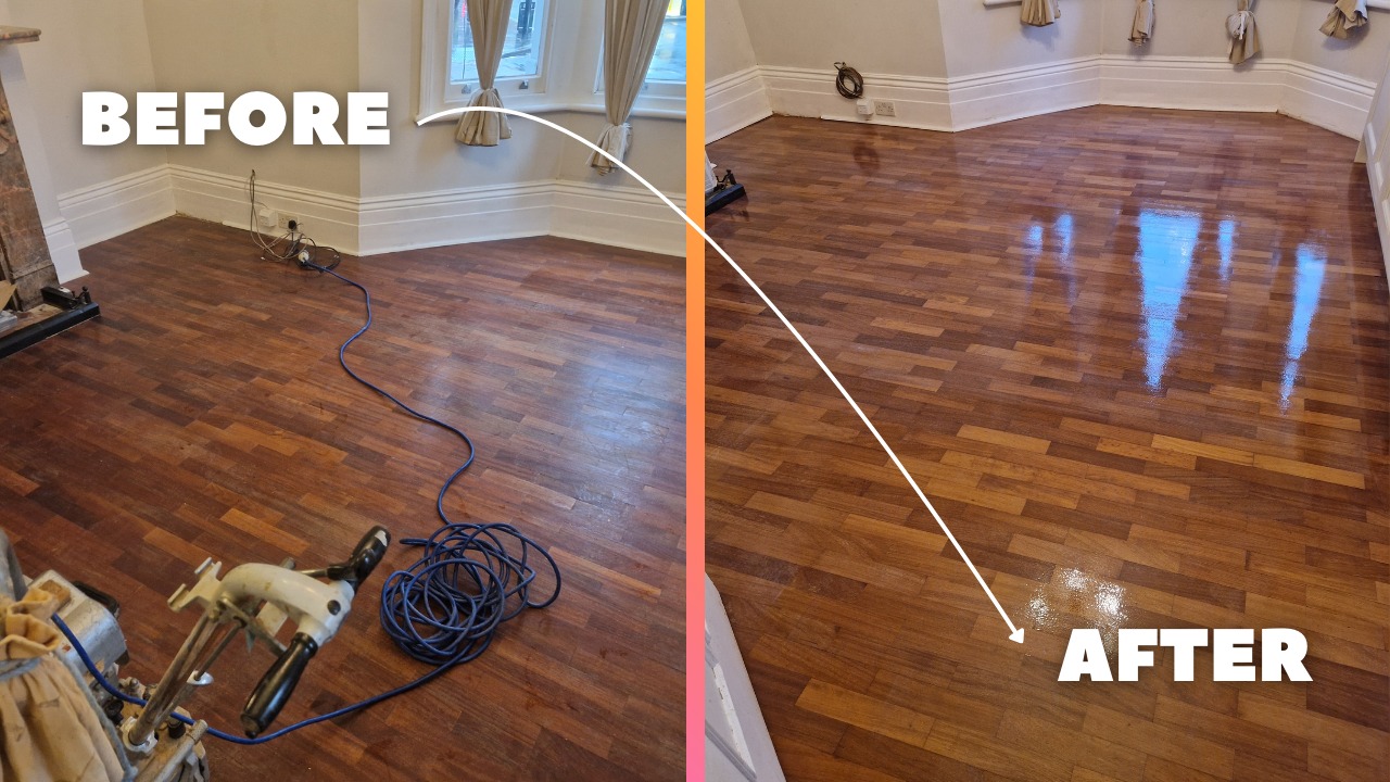 Hardwood Floor Sanding in West Brompton showing a before-and-after transformation of an oak parquet hardwood floor in a bay-window living room, from dull and worn to a glossy, newly refinished surface.