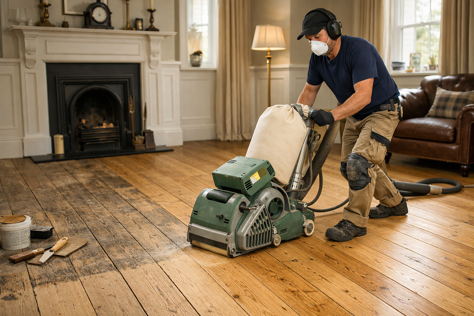 Restored century-old pine floorboards in a West Brompton period living room with floor sanding equipment and a warm heritage interior