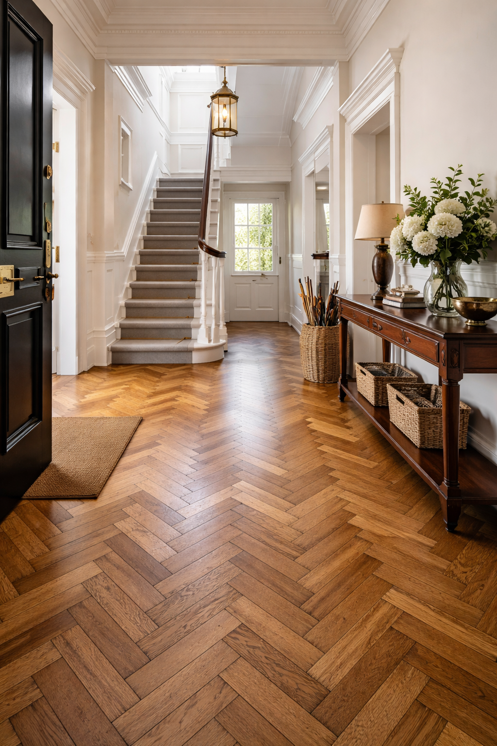High-Traffic Entryway Floor Finish in West Brompton Townhouse Elegant West Brompton townhouse entryway with freshly restored wooden floorboards finished in a durable low-sheen coating for heavy daily foot traffic