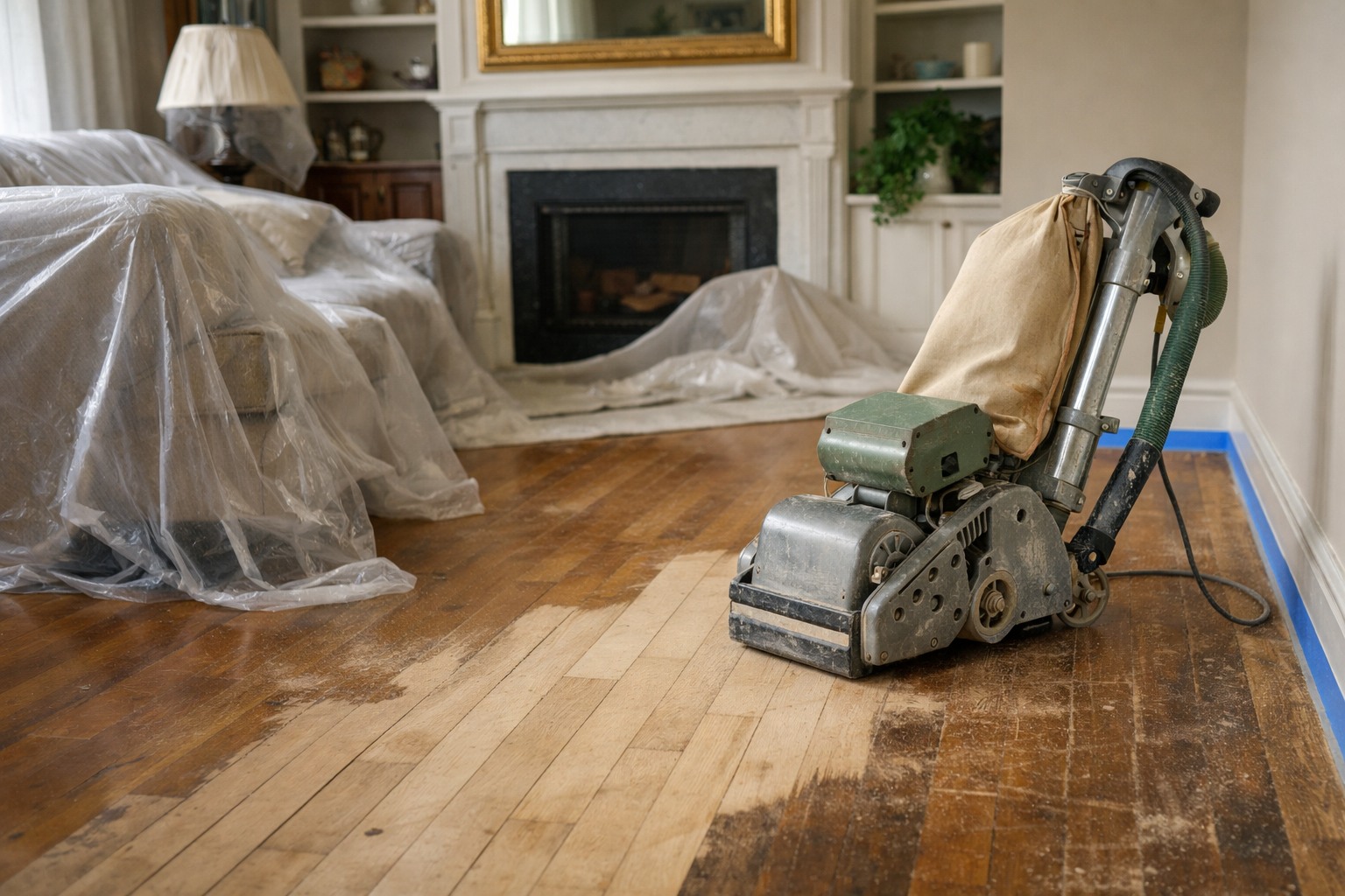 Living room in West Brompton prepared for wood floor refurbishment with covered furniture, protected skirting boards and a floor sanding machine on exposed timber boards