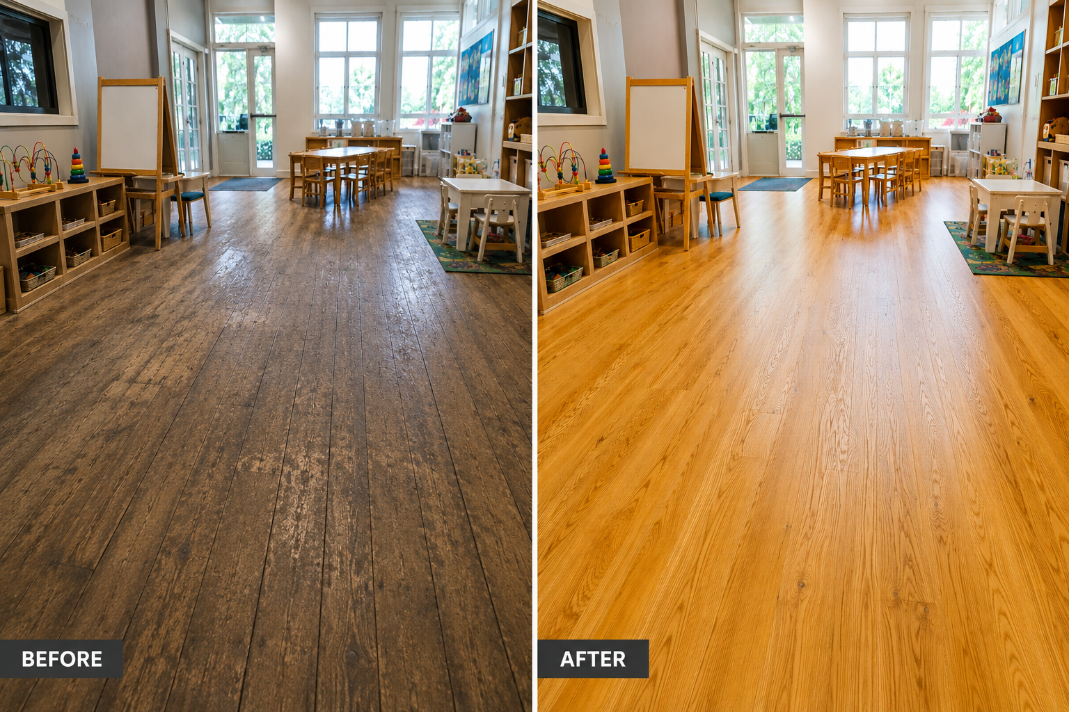 Before and after comparison of nursery floor sanding in West Brompton showing a worn timber floor transformed into a beautifully restored oak hardwood floor.