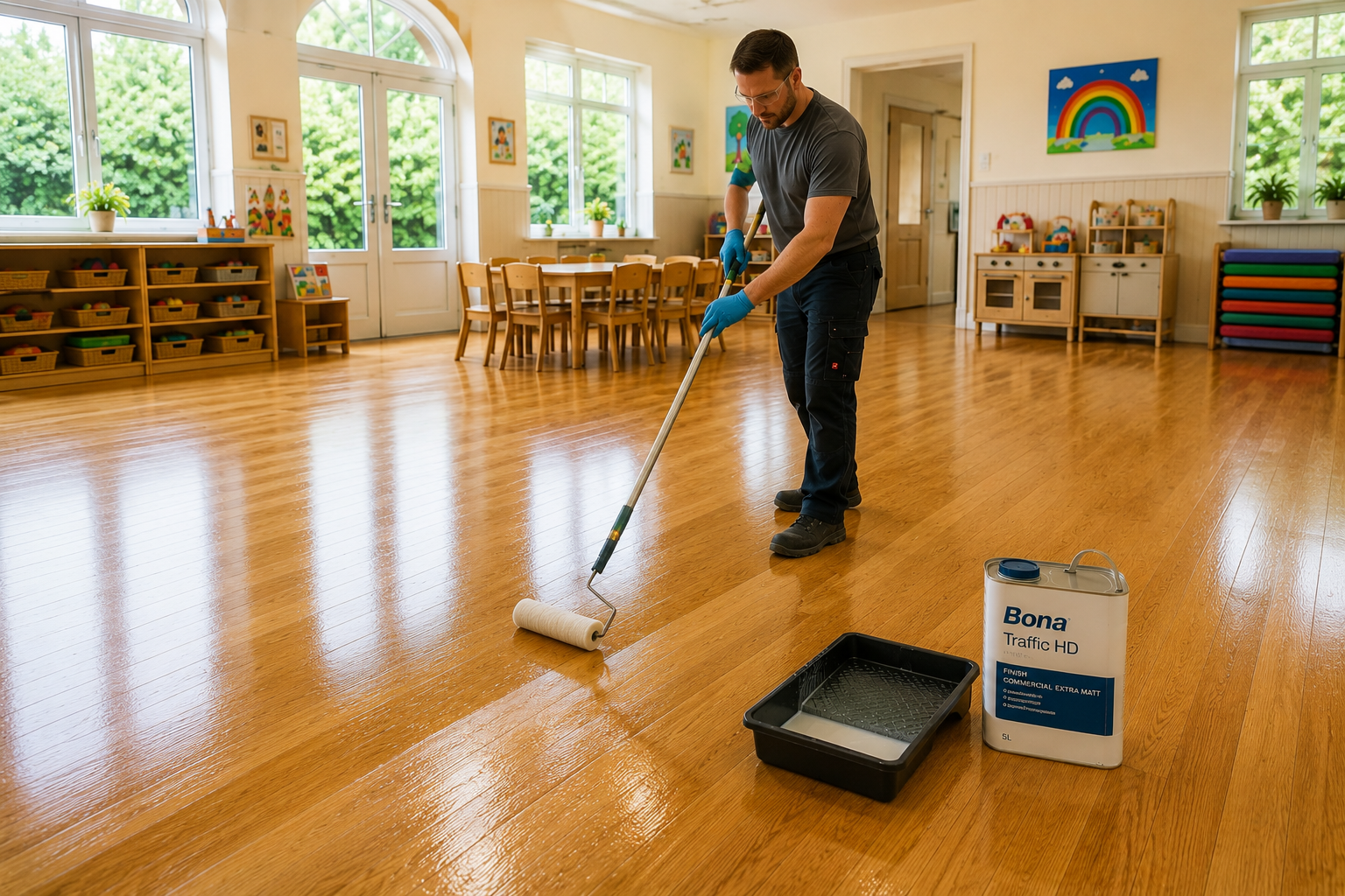 Professional contractor applying Bona Traffic HD commercial lacquer to a newly sanded hardwood nursery floor in a bright classroom using a roller applicator.