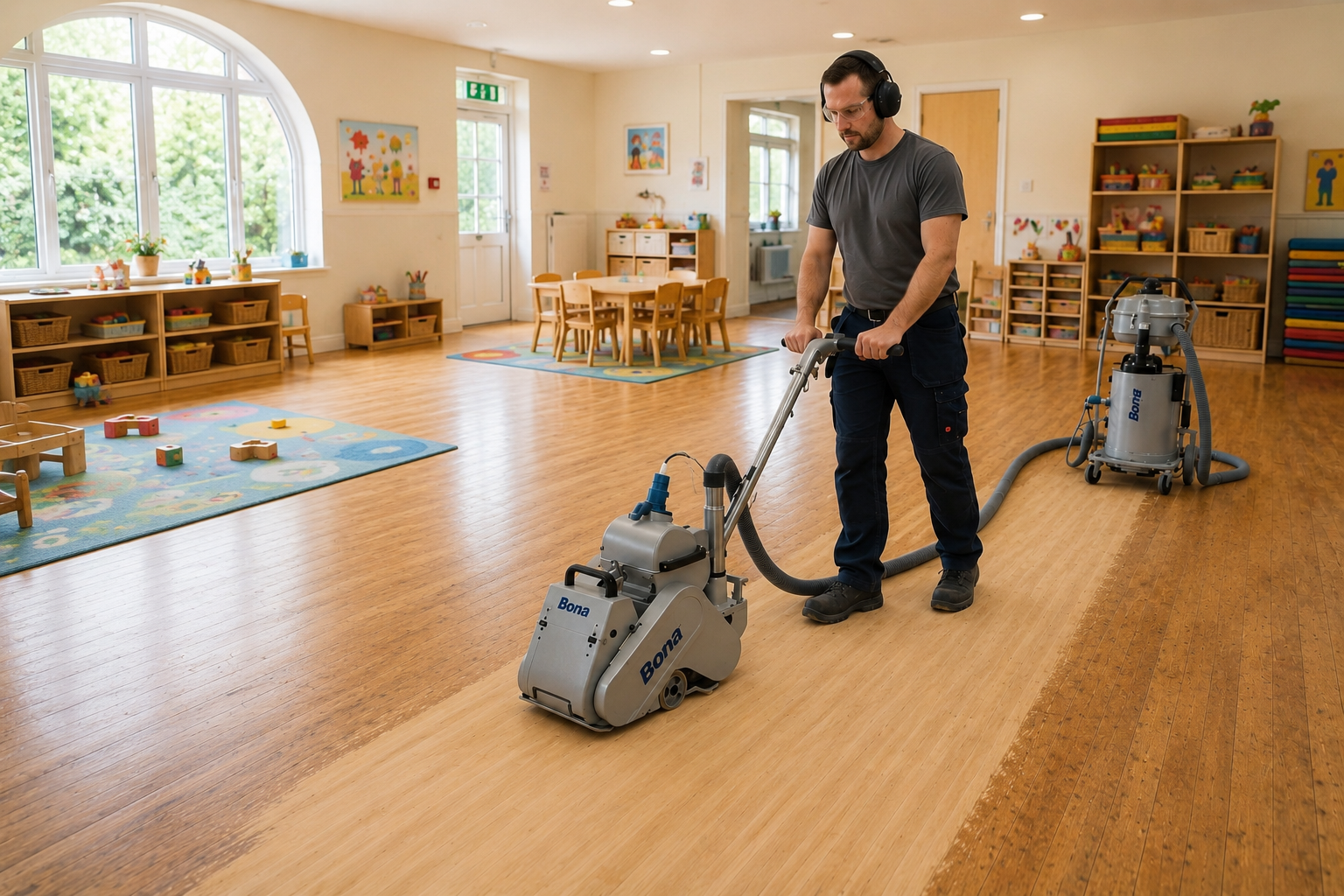 Professional nursery floor sanding in progress with a Bona belt sanding machine and dust extraction system restoring a hardwood classroom floor.