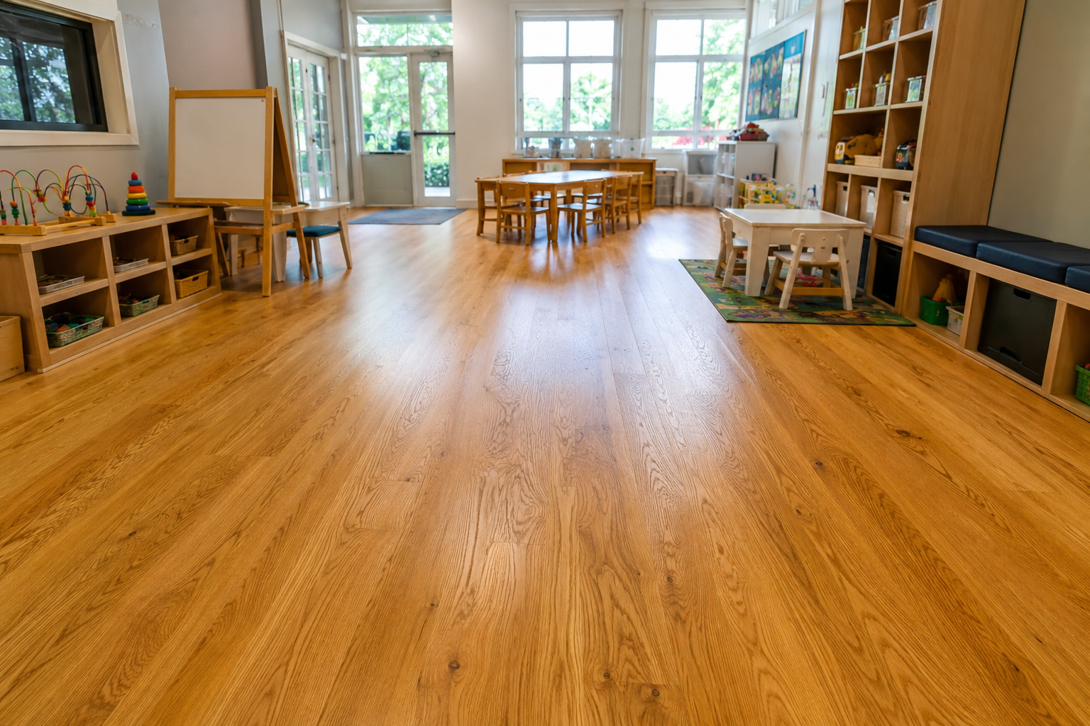Professionally restored hardwood nursery floor in a bright West Brompton classroom with colourful furniture and a smooth oak timber finish.