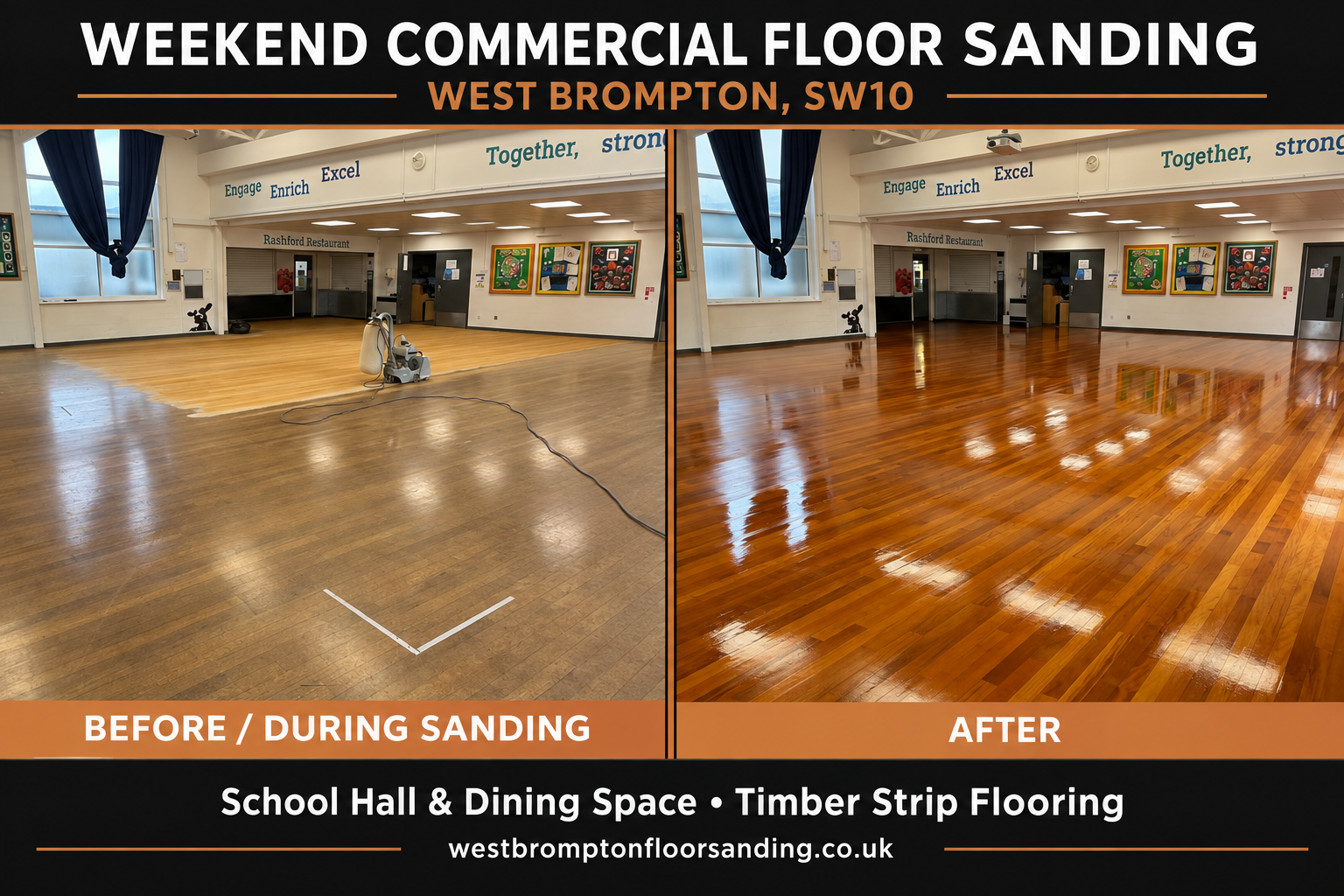 Side-by-side school hall floor comparison showing worn timber during sanding and the restored amber floor with a glossy finish.