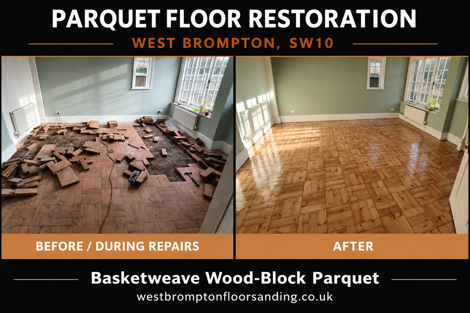 Parquet restoration comparison showing lifted blocks and exposed subfloor before repairs, alongside the restored golden basketweave floor.