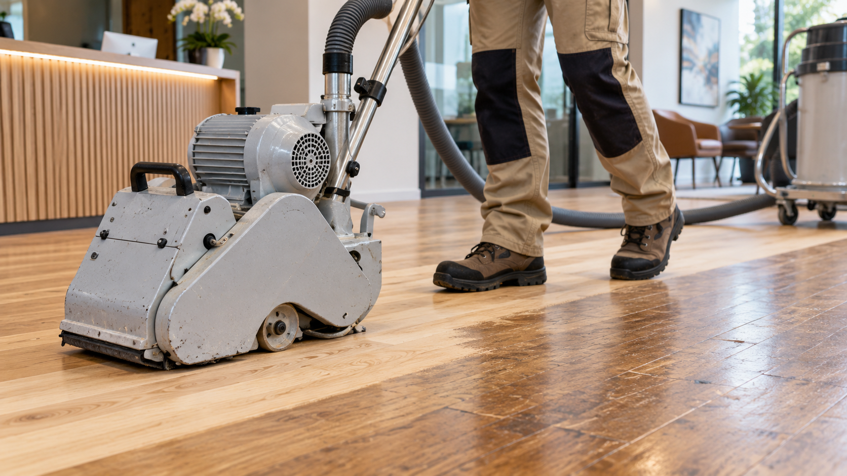 Weekend commercial floor sanding in West Brompton SW10 with professional belt sander, dust extraction and worn timber floor restoration.