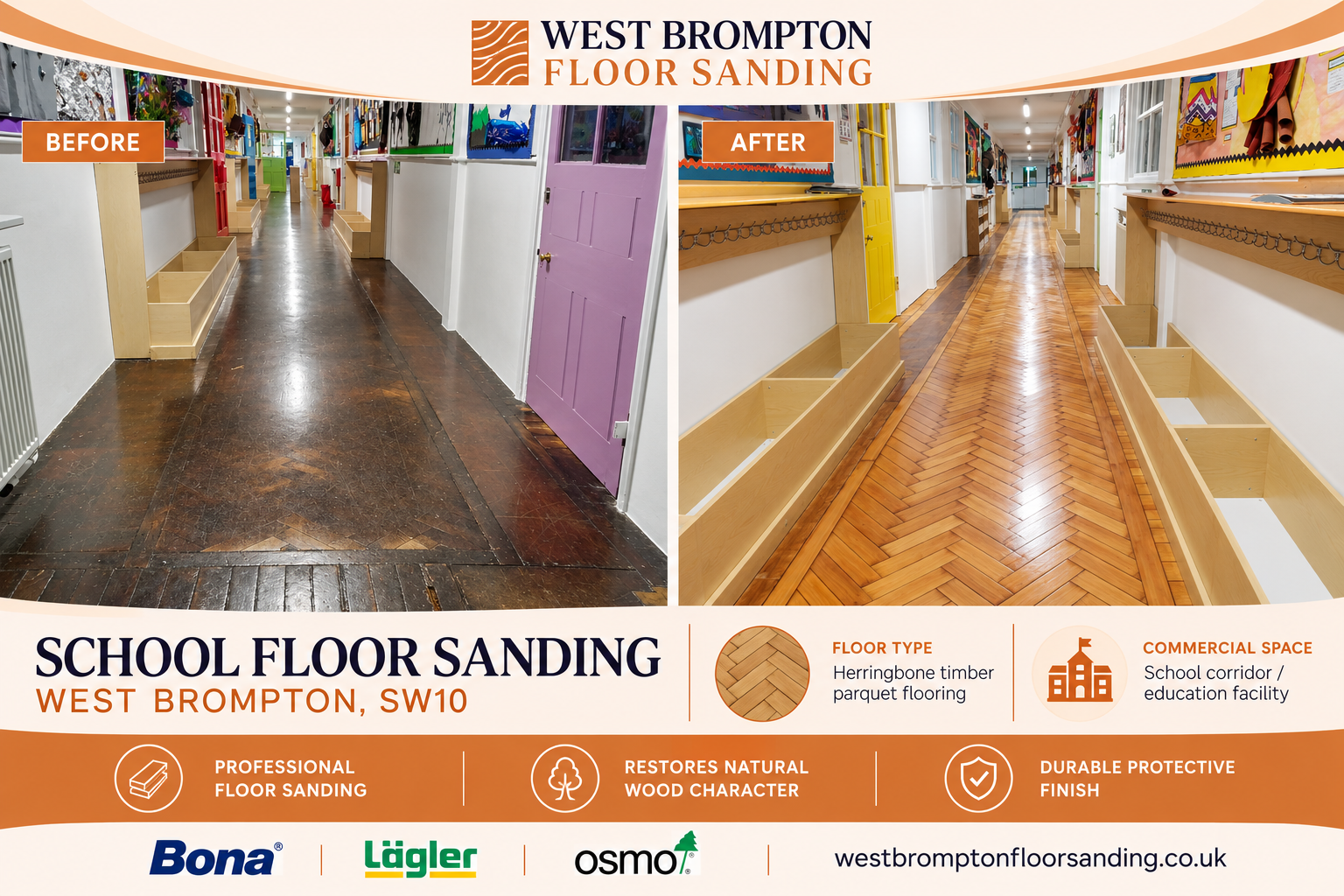 Before and after school corridor floor sanding in West Brompton, SW10, showing a worn, dark timber floor transformed into a clean, polished herringbone parquet floor by West Brompton Floor Sanding. Featuring Bona, Lägler and Osmo products.